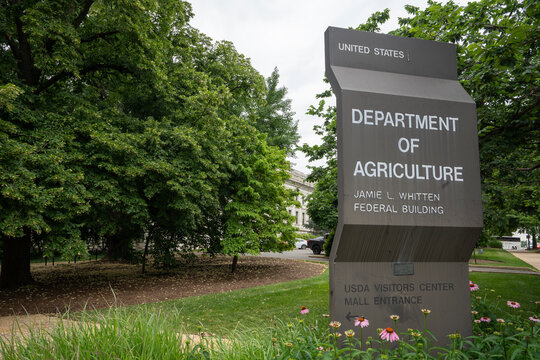 Washington, DC, USA - June 21, 2022: The U.S. Department of Agriculture (USDA) sign is seen outside of the USDA Administration Building, also known as the Jamie L. Whitten Building, in Washington, DC.