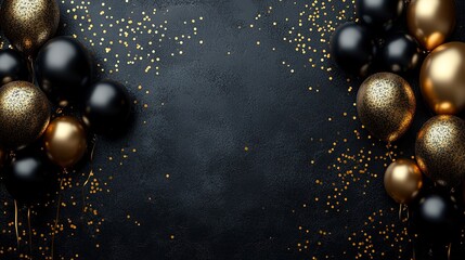 Fototapeta premium Minimalist black and gold party background with metallic balloons and copy space 