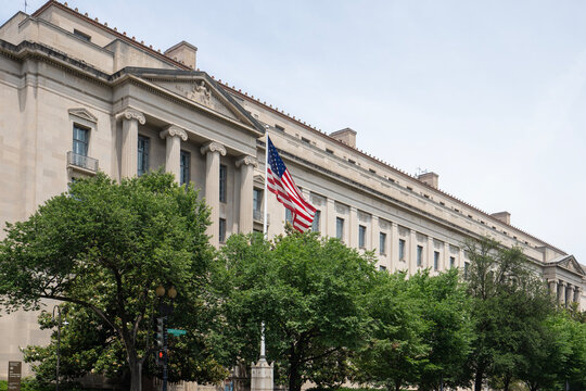 Washington, DC, USA - June 21, 2022: Exterior view of the Robert F. Kennedy Building, the headquarters of the Department of Justice (DOJ) in Washington, DC.
