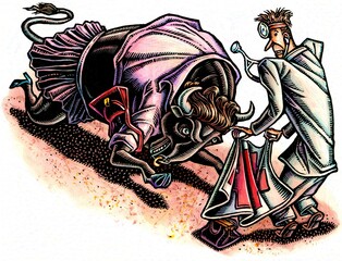 doctor with red cross flag charged by bull dressed as woman patient