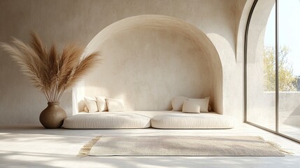 Obraz premium Minimalist interior with arched niche, pampas grass in vase, and soft neutral tones 