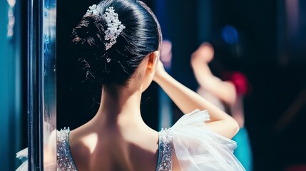 Candid Backstage Ballet Dancer Preparing for Performance in Elegant Attire