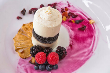 Coconut ice cream dessert with red berries, dried fruit, frozen dessert with fresh fruit, tiramisu