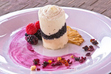 Coconut ice cream dessert with red berries, dried fruit, frozen dessert with fresh fruit, tiramisu