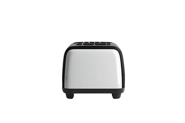 Minimalist toaster: White body, black trim, small appliance on clean white background.