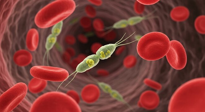 Photorealistic Microscopic View of Red Blood Cells with Greenish Trypanosome Parasites in a Dynamic Red Hue Composition