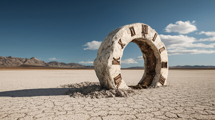 Fototapeta premium A weathered stone arch with Roman numerals resembling a clock face stands in a cracked desert landscape, with distant mountains under a clear sky, evoking themes of time and mystery.