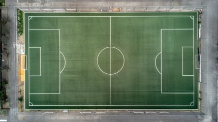 Aerial View of Green Soccer Field with White Markings and Goals