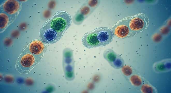 Detailed Microscopic Illustration of Pathogenic Entamoeba Histolytica Cysts and Trophozoites Floating in Fluid Rendered in Photorealistic Detail with Vibrant Blues Greens and Oranges