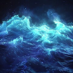 Vibrant ocean waves crashing against a starry night sky, surreal seascape.