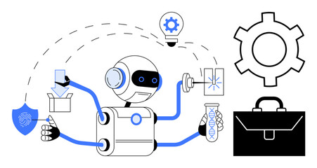 Robot performing tasks thumbs up analyzing data, testing DNA, and safeguarding files. Ideal for automation, AI, robotics, innovation, technology trends, research teamwork simple landing page