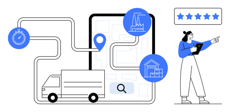 Truck navigating map with a route path, stopwatch, location pin, factory, building icons, professional planner holding a tablet, rating stars. Ideal for logistics, delivery tracking optimization