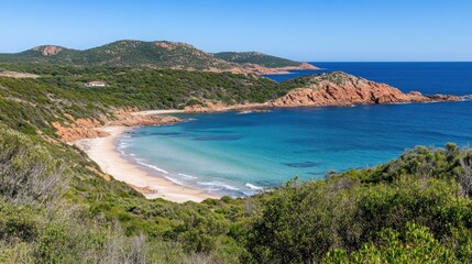 Obraz premium Coastal scenery of a Mediterranean bay with a sandy beach.