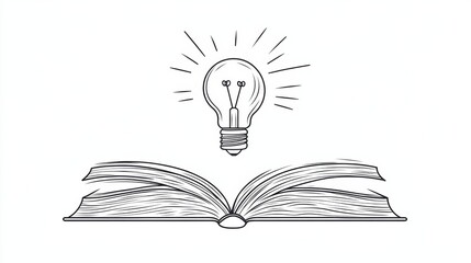 Light bulb above book continuous one line art drawing. Line drawing open book with lamp idea symbol. School education concept. Vector illustration  
