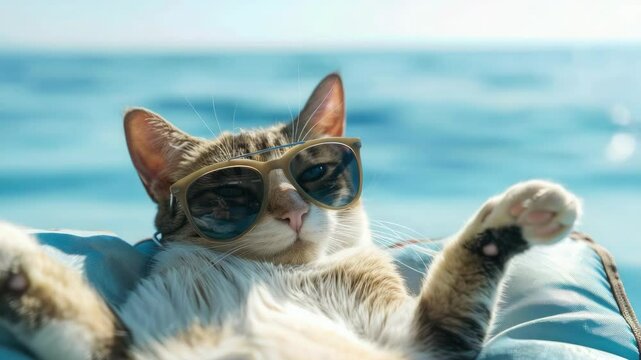 Cat wearing sunglasses lounging on floatie toy, enjoying summer day by the water.