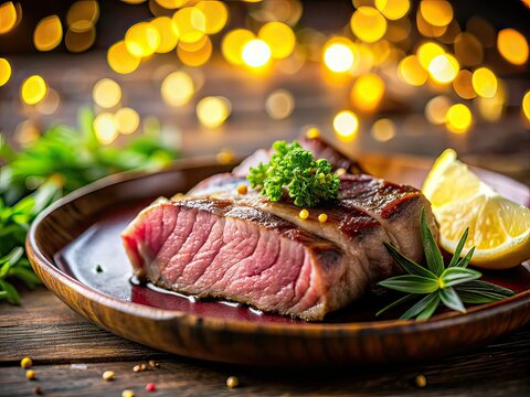 Delicious Gyutan Beef Tongue Yakiniku with Lemon - Bokeh Background