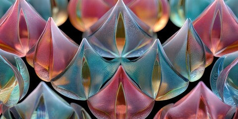 Close-up on artful arrangement of abstract forms, showcasing intricate textures and soft colors in a dark setting. 