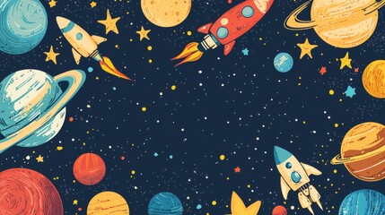 Colorful Space Adventure with Rockets and Celestial Bodies Illustration