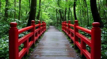 Fototapeta premium Red bridge in a vibrant green forest after rain