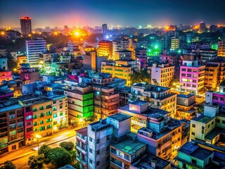 Naklejka premium Dhaka City Night: Haphazard Buildings, Urban Scenery, Architectural Chaos