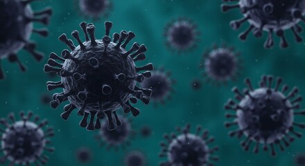 Dark Bluish Purple Virus Particles with Spikes Floating in Teal Liquid 3D Rendering under Diffused Lighting Perfect for Pandemic Awareness Medical Visualizations