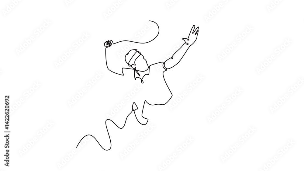 Poster animated self drawing of continuous line top view professional tennis player jumping and hitting ten