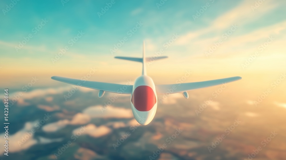 Poster airplane soars through a colorful sky at sunset, surrounded by soft fluffy clouds creating a serene 