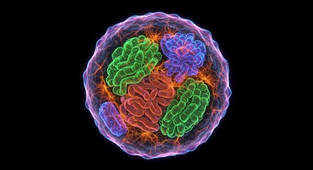 Detailed Cell Structure with Colorful Organelles on a Black Background for Scientific and Educational Use