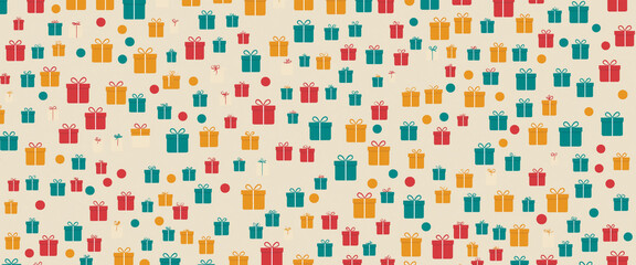 Fototapeta premium pattern featuring a multitude of gift boxes in shades of teal, orange, and red on a light beige background