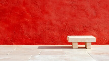 Red wall and stone bench