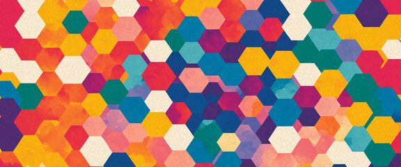 multicolored shades of red, orange, yellow, teal, blue, purple, and pink, set against a light beige background