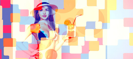 creative abstract or advertisement of young woman wears bikini and holds cocktail