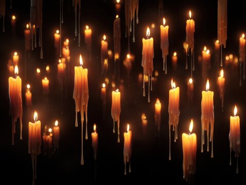 A multitude of lit candles with dripping wax against a dark background create a warm, inviting atmosphere, like magic or in a mystery.