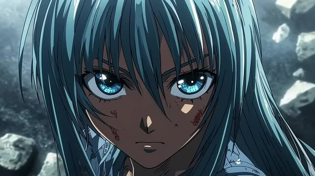 Anime Heroine with Intense Stare and Battle Scars, Focus on Resilience