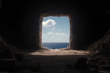 A solitary figure stands at the mouth of a cavern, gazing out at a vast expanse of ocean under a light sky