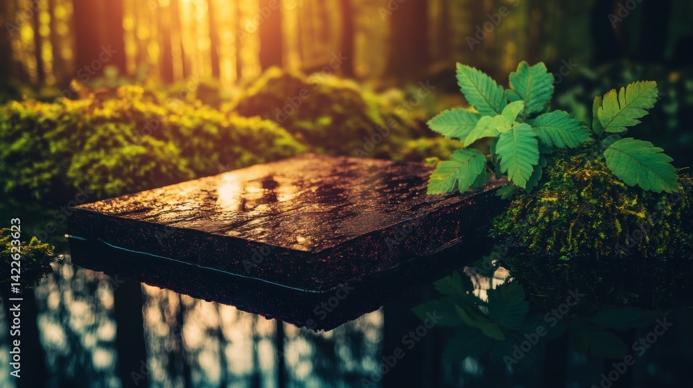 Poster sunlight filters through trees, illuminating a mossy platform surrounded by still water and lush gre