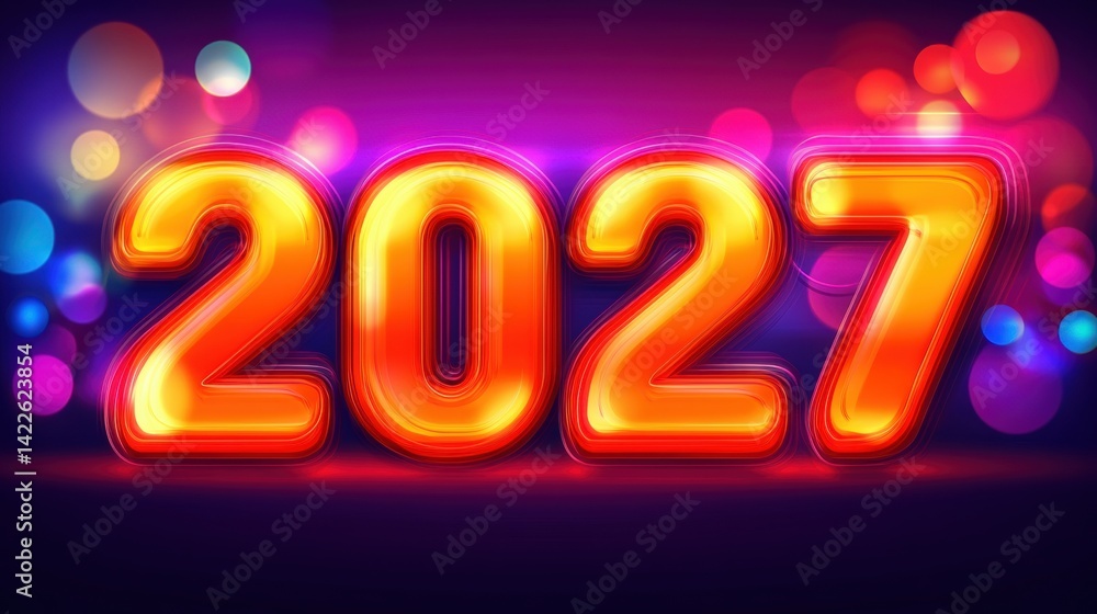 Poster a vibrant representation of the year 2027 with glowing numbers set against a backdrop of colorful li