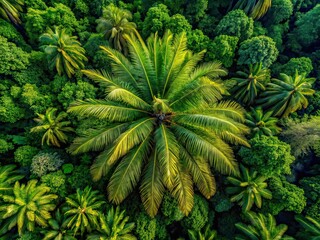 Fototapeta premium Drone Shot Palm Tree Canopy Overlooking Lush Forest
