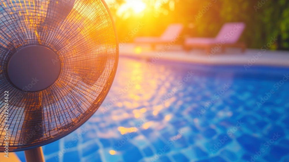 Poster a fan stands near a shimmering pool as the sun sets, creating a tranquil and refreshing atmosphere f