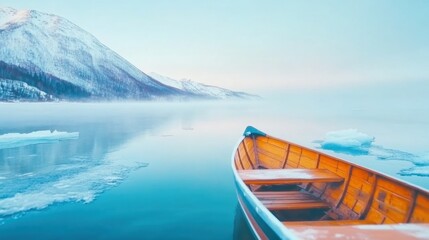 Obraz premium Early morning light casts a soft glow over a tranquil lake with a wooden boat anchored near the shore, surrounded by misty mountains