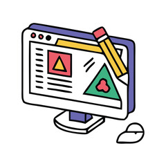 Creative UI/UX Design and Web Development Icon Set – Colorful Vector Illustrations of Desktop Monitors with Interface Elements, Graphs, Tools, and Mouse for Software,  and Digital Workflow Concepts.