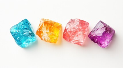 Four ice cubes in shades of blue, orange, pink, and purple are lined up on a pristine white surface, reflecting light and color