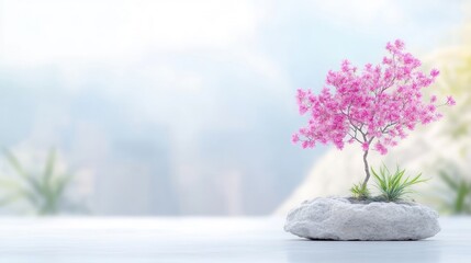 Pink Bonsai Tree on Stone Minimalist Style High-resolution Soft Lighting Landscape Close-up View Delicate Branches Tranquil Growth Serene Cityscape Pastel Tones Perfect for Wellness Ads