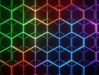 Fototapeta premium Hexagon lattice with rainbow lighting. Seamless geometric pattern design with illuminated lines. Modern glowing honeycomb structure in vivid shades.