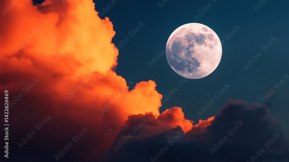 Poster a bright full moon shines through colorful clouds, creating a serene atmosphere during a calm night 
