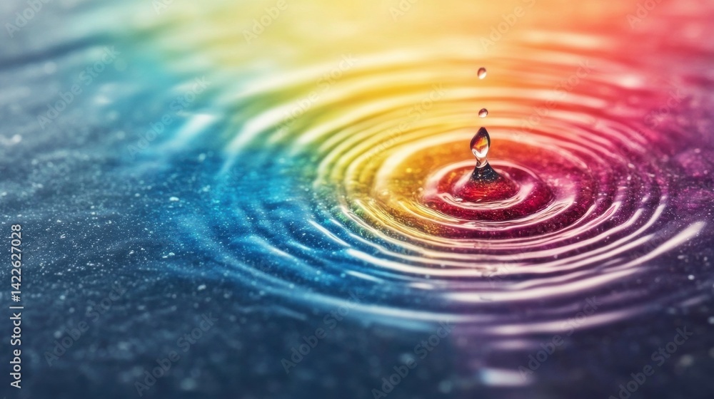 Poster a single water drop falls onto a smooth surface, creating vibrant ripples in various colors under so