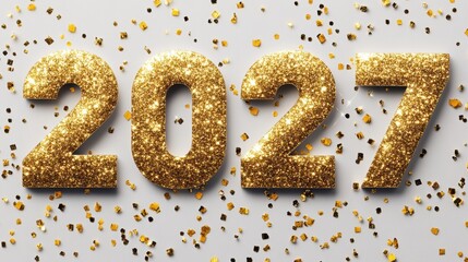 Sparkling gold numbers represent the year 2027, surrounded by colorful confetti, creating a festive atmosphere for celebrations