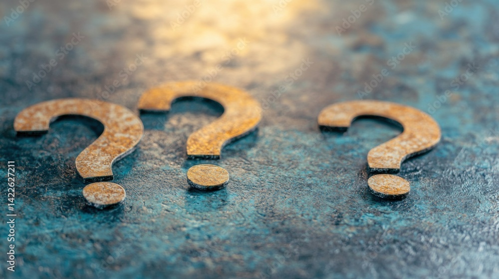 Poster metallic question marks are arranged on a textured surface, inviting curiosity and contemplation dur