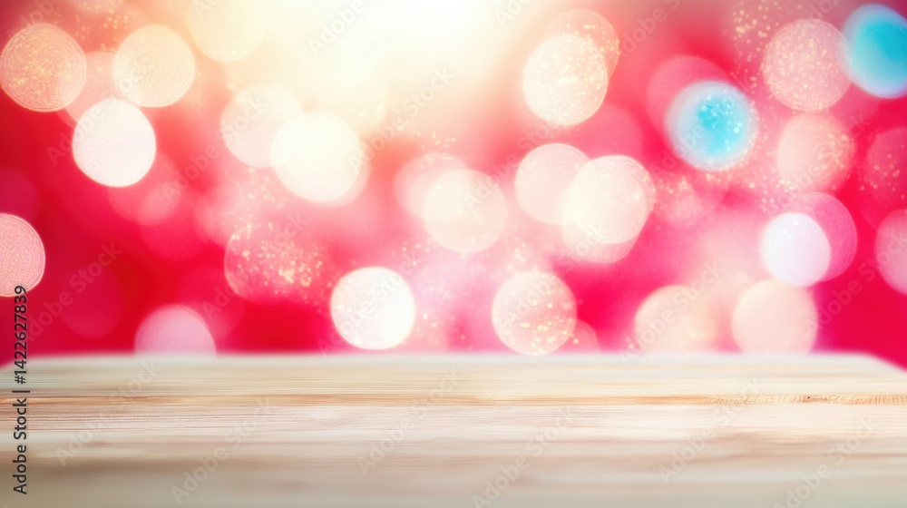 Poster a wooden table sits in the foreground against a bright bokeh background, creating a festive and chee