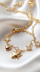 Elegant Gold Bracelet with Heart and Star Charms on Satin Fabric